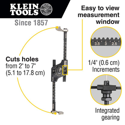 Klein Tools 53710 - Sierra de agujero, cortador de agujeros circulares ajustable con tazón para polvo, puerto de aspiradora integrado, para paneles de yeso y azulejos de techo, 2 a 7 pulgadas