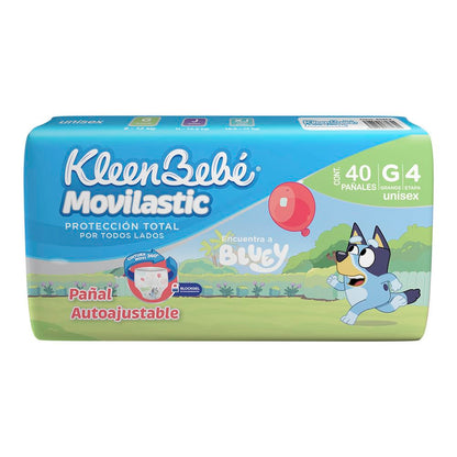 KleenBebé Movilastic Bluey Pañal Desechable para bebé, Talla Grande Unisex, Paquete con 40 Piezas, Ideal para Bebés de 9 a 12 kg