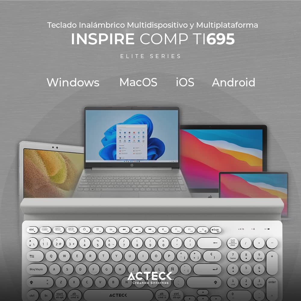 Teclado Multidispositivo Inspire Comp TI695 / 2.4Ghz + 2 Modos BT Soporte para Dispositivo + 2xBat AAA Incluidas Blanco Elite Series