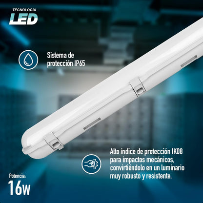 Icon Luminario LED a Prueba de Humedad 16W 6500K IP65 | Luz blanca fría, 1920 lm, plástico resistente, instalación sencilla