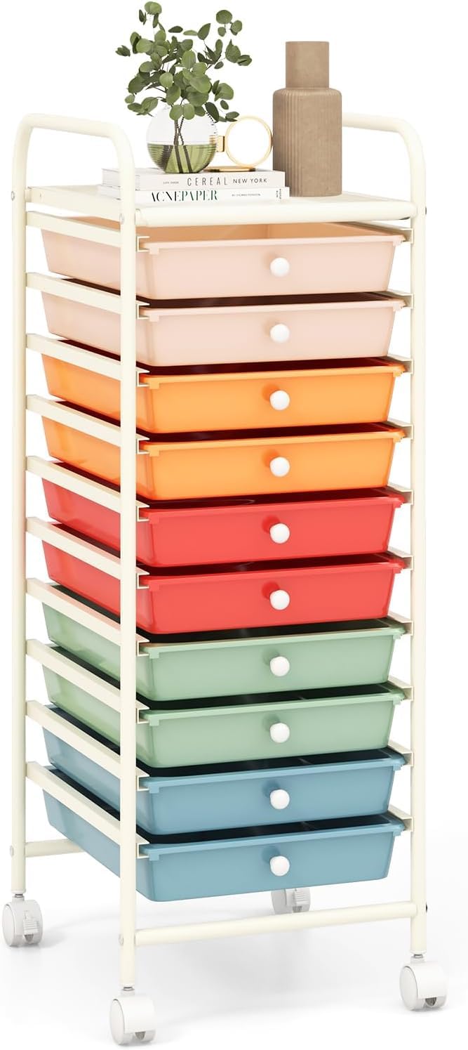 OFFICEJOY - Carrito de almacenamiento con 10 cajones, asas portátiles y ruedas con bloqueo, organizador de almacenamiento de juguetes de papel móvil de gran capacidad para el hogar, oficina, profesor