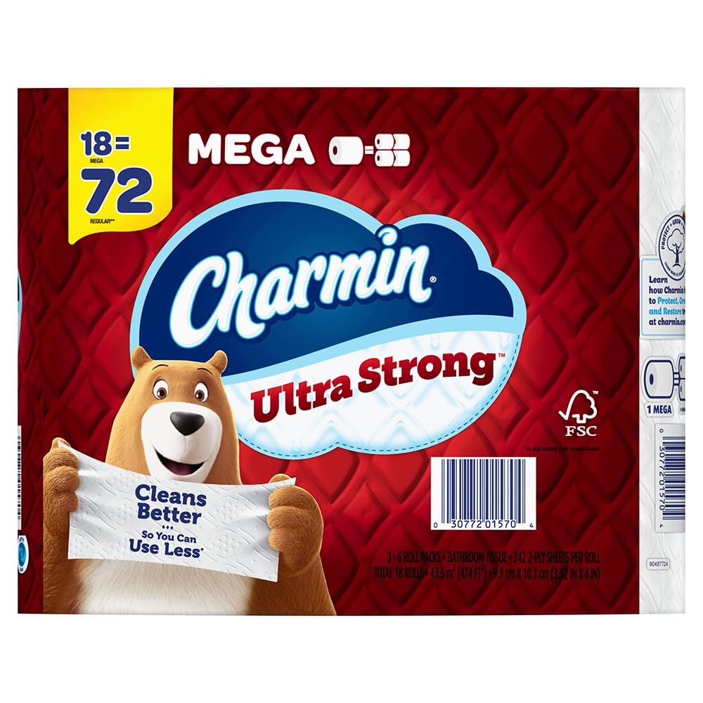 Charmin Ultra Strong Papel Higiénico Extra Fuerte, 18 Mega Rollos - Blanco - 4356 sheet (Pack of 1)