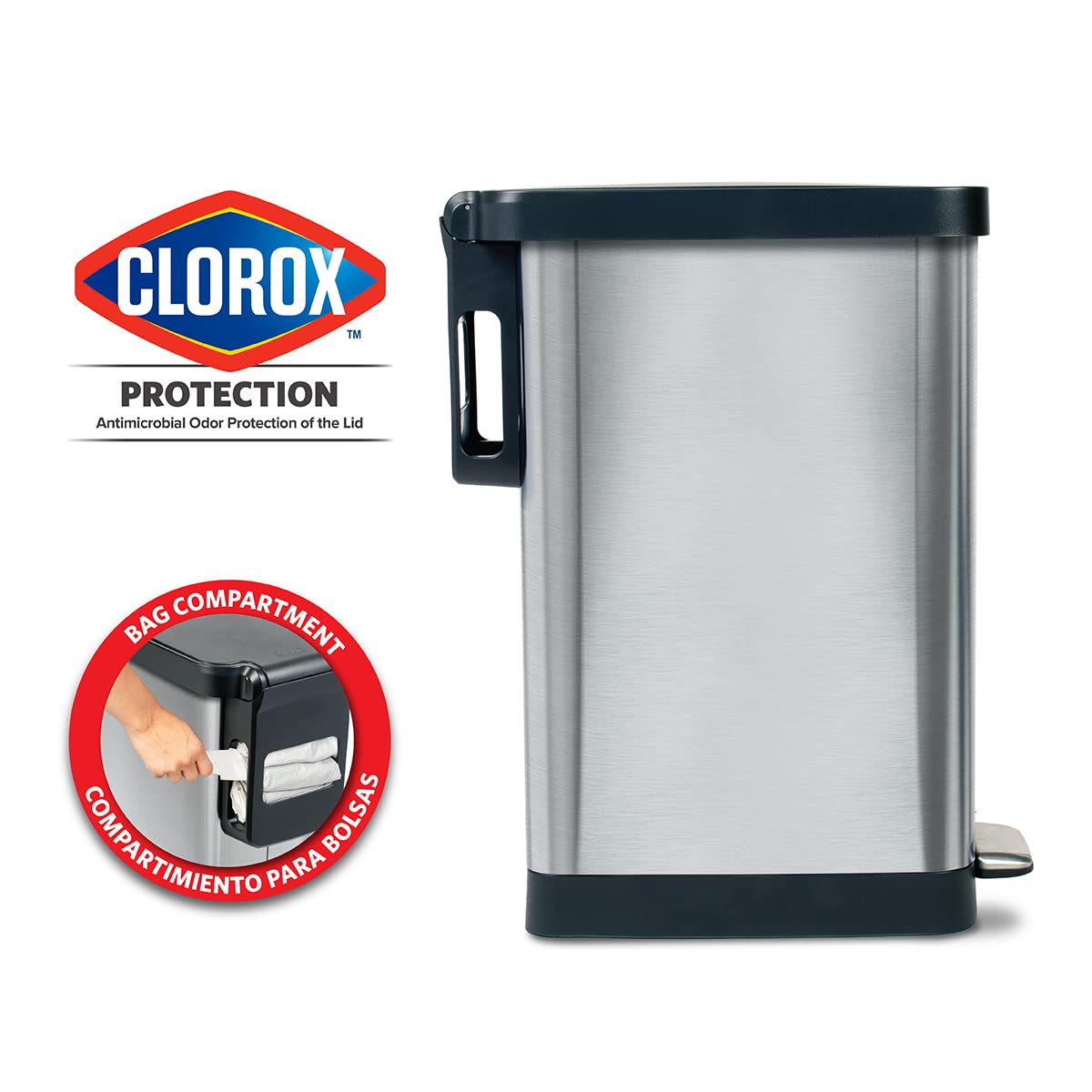 Glad Cubo de basura delgado con protección contra olores Clorox – Cubo de basura de cocina estrecho con tapa de cierre suave, pedal y soporte para rollo de bolsa de basura, acero inoxidable, 45 litro