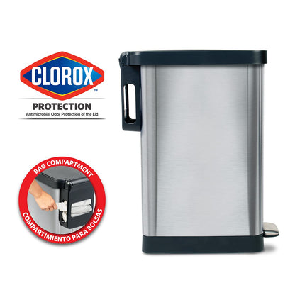 Glad Cubo de basura delgado con protección contra olores Clorox – Cubo de basura de cocina estrecho con tapa de cierre suave, pedal y soporte para rollo de bolsa de basura, acero inoxidable, 45 litro