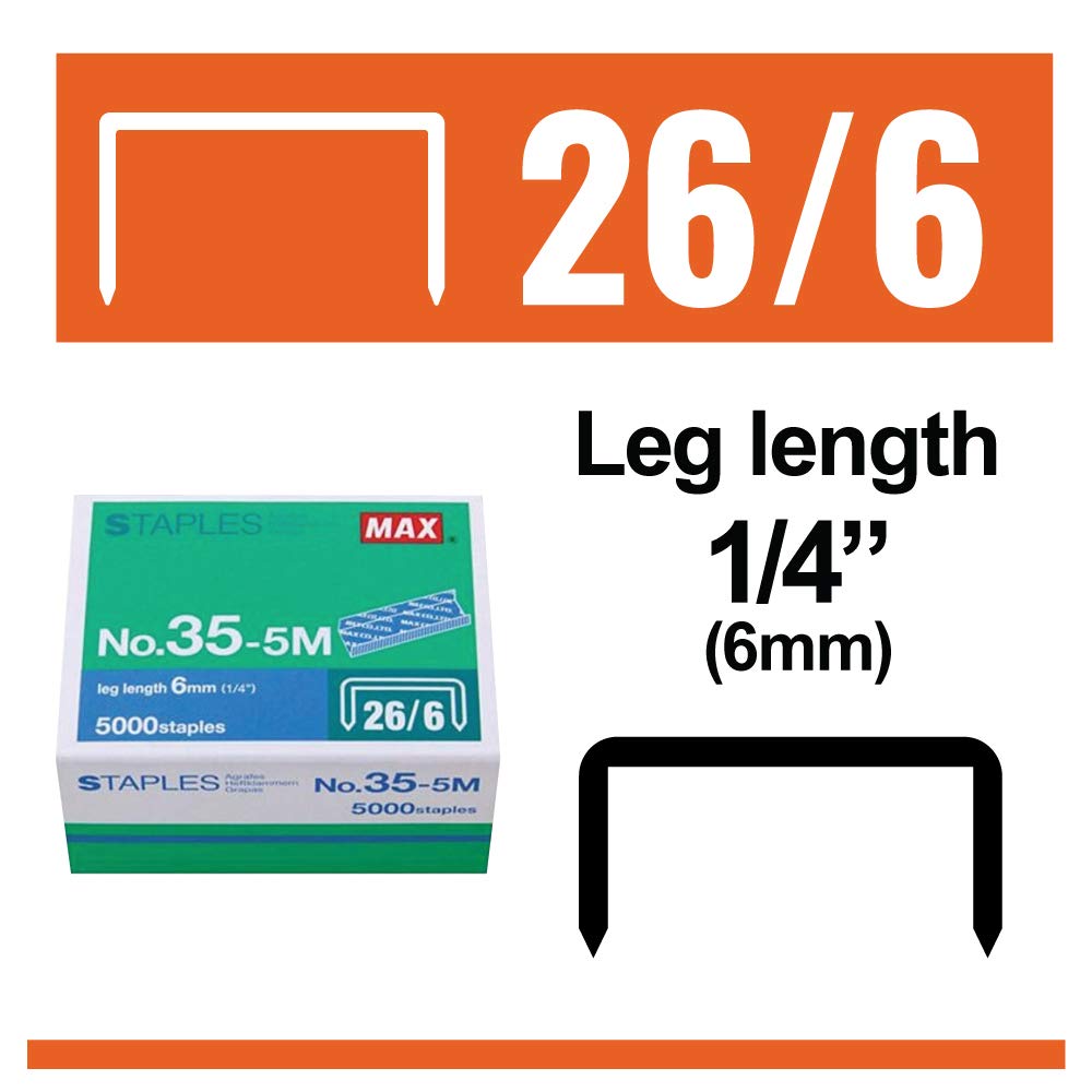 Grapas estándar Max 35-5M para EE.UU.; longitud de pierna: 6 mm (1/4 pulgadas), 100 grapas por palo, para uso con Max HD-50, HD-50R, HD-50F y otras grapadoras estándar, longitud de pierna de 0,6 cm, ancho de corona de 1,3 cm, 5000 unidades