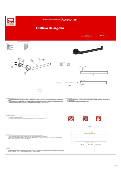 DICA, Toallero de Argolla, Acabado Negro Mate, Acero Inoxidable, para Colocación de Toalla de Mano, Barra 279mm, 1103.2