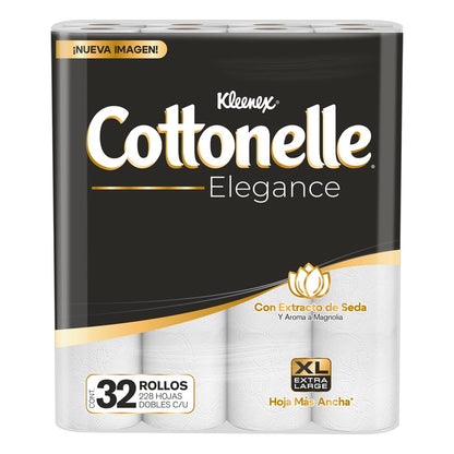 Kleenex Cottonelle Elegance XL, Papel Higiénico Extra Largo, Paquete con 32 Rollos de 228 Hojas Dobles C/U