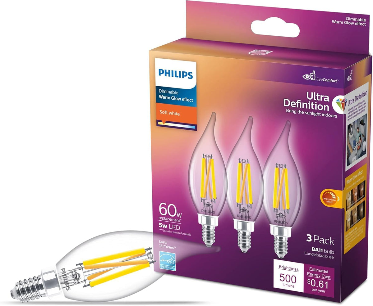3 Focos Philips LED Vela BA11 6.6W Luz Cálida