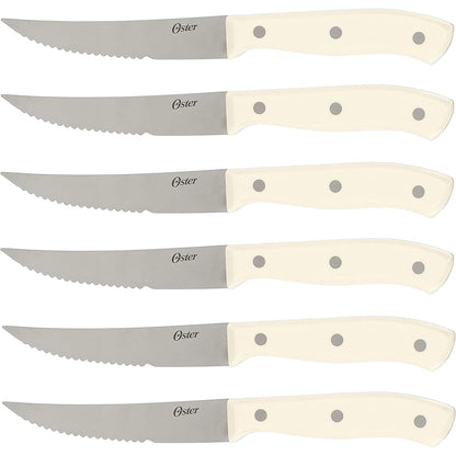 Oster Evansville 14 Piece Cutlery Knife Block Set, Stainless Steel w/Linen White Handles