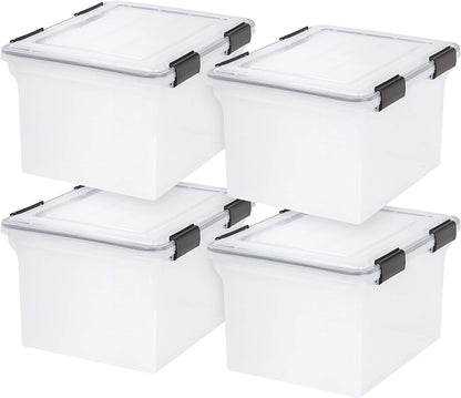 IRIS USA Caja WeatherPro para Archivos Carta/Oficio, 32 Qt, 4 Pzas | Protege documentos importantes con resistencia al agua, broches seguros y diseño apilable para hogar u oficina