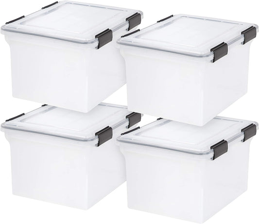 IRIS USA Caja WeatherPro para Archivos Carta/Oficio, 32 Qt, 4 Pzas | Protege documentos importantes con resistencia al agua, broches seguros y diseño apilable para hogar u oficina