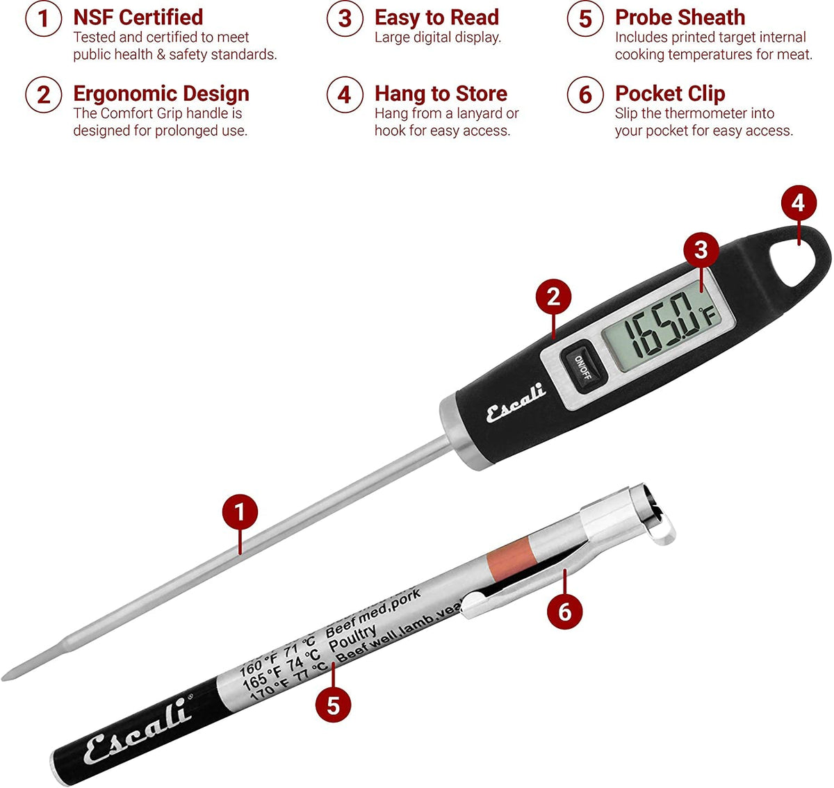 Escali DH1 Gourmet - Termómetro digital para carne con sonda extra larga, certificado NSF, negro