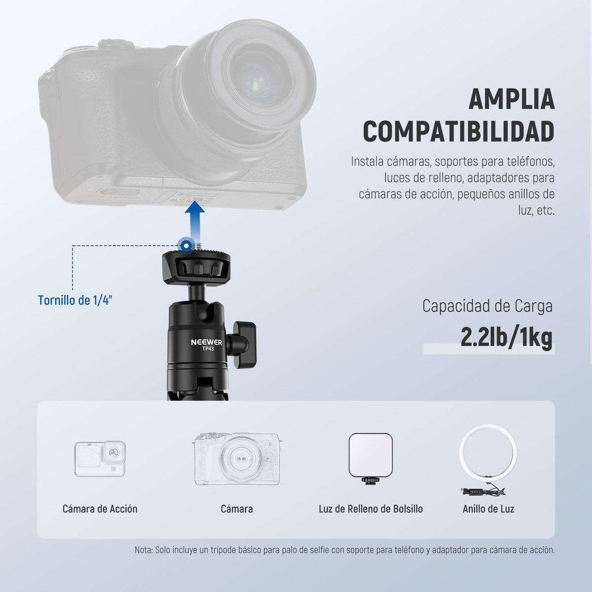 NEEWER Mini Trípode Escritorio Selfie Stick Compatible con iPhone GoPro Insta360 dji con 360° Cabezal Bola Eje Central Elevado, Metal Portátil Pequeña Cámara Webcam Celular Vlog Soporte, TP43 Negro