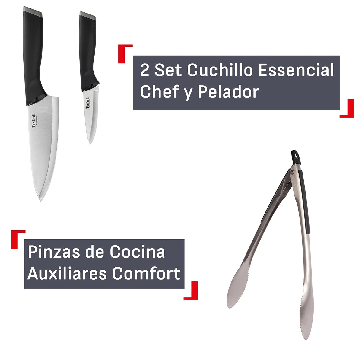 T-fal Mega set de cocina con amplia tabla para picar color gris, cuchara, cucharón, espátula, pinzas, set de 2 cuchillo (pelador 9 cm y chef 15 cm) s y 3 contenedores de 0.55 ml., K2219355M