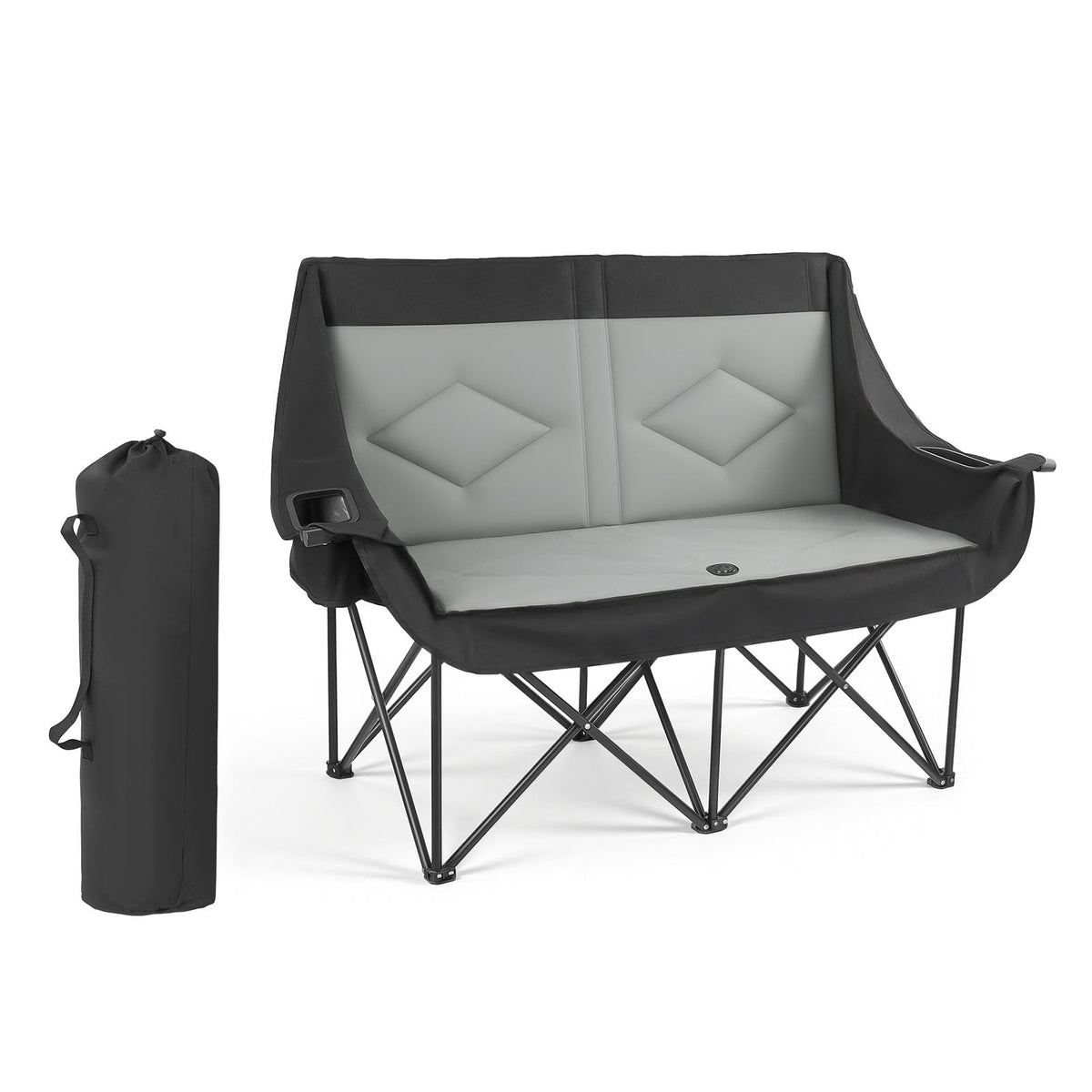 VEVOR Silla de Camping Plegable Doble, Capacidad Máxima de 300 kg con Respaldo Acolchado, Silla de Pesca de Tela Oxford 600D Portátil con Portavasos y Bolsillos para Exteriores Playa Jardín 2 Personas