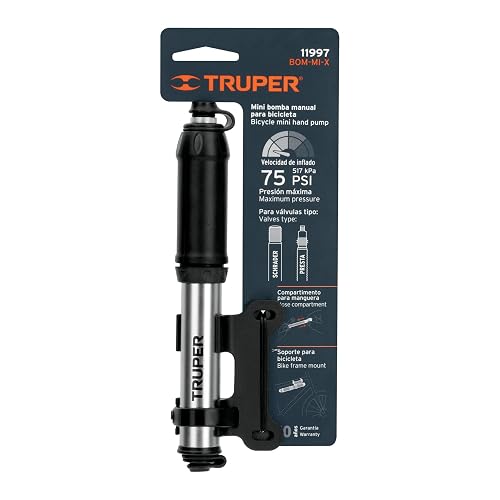 Truper BOM-MI-X, Mini Bomba Manual para Bicicleta, abatible, 30 PSI