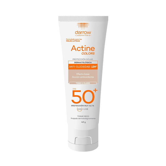 Darrow Actine Colors Protector Solar Facial FPS50+ Piel Grasa Claro, 40g | Dermatológico, Con Color, Para Piel Mixta y Grasa, Anti Oleosidad