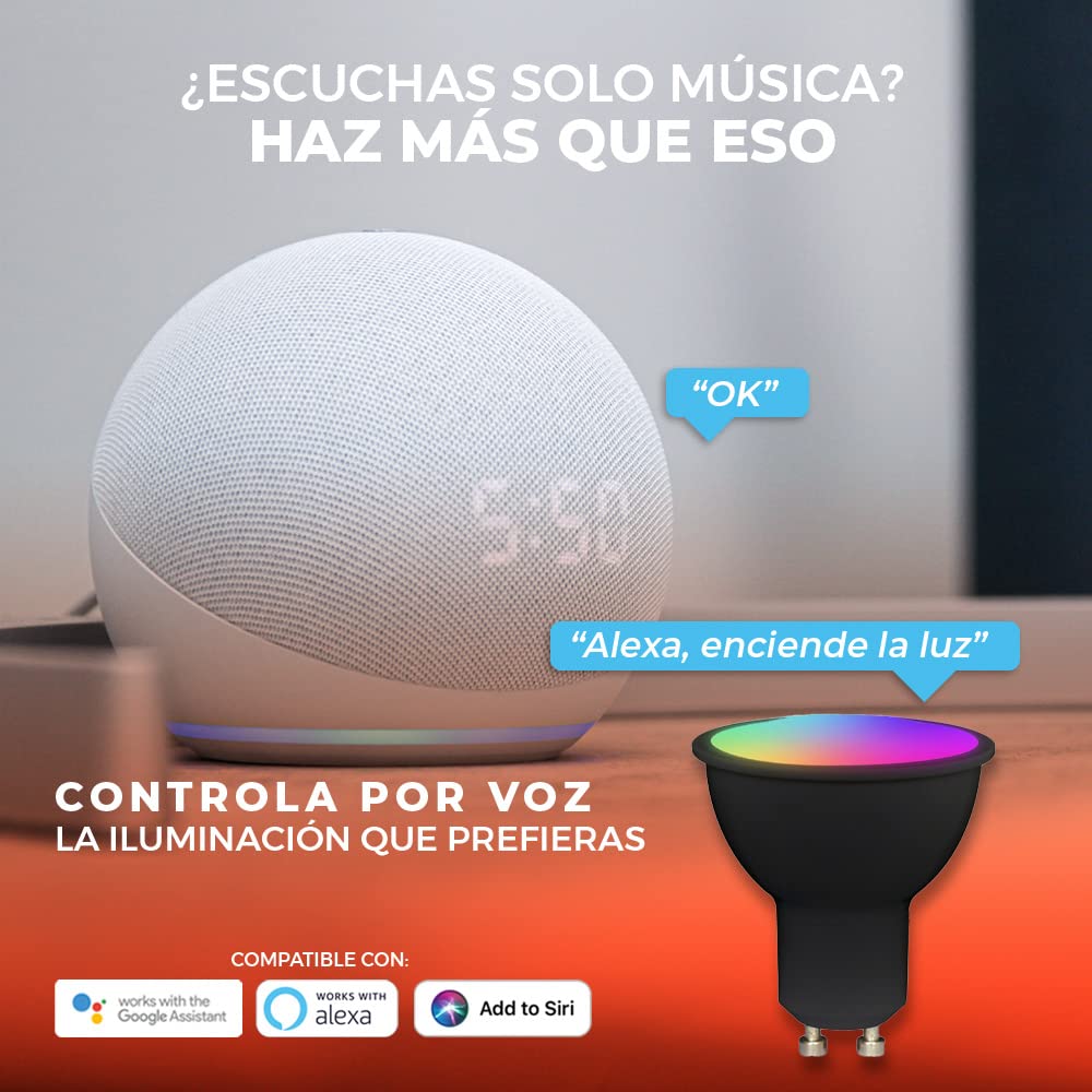 Tecnolite Connect Beam Smart RGB, Foco GU10 Inteligente Wi-Fi LED 5 W , Base GU10, Luz RGB + Blanca, Atenuable, Bombilla Inteligente Compatible con Alexa, Google Assistant, Atajos de Siri y App móvil