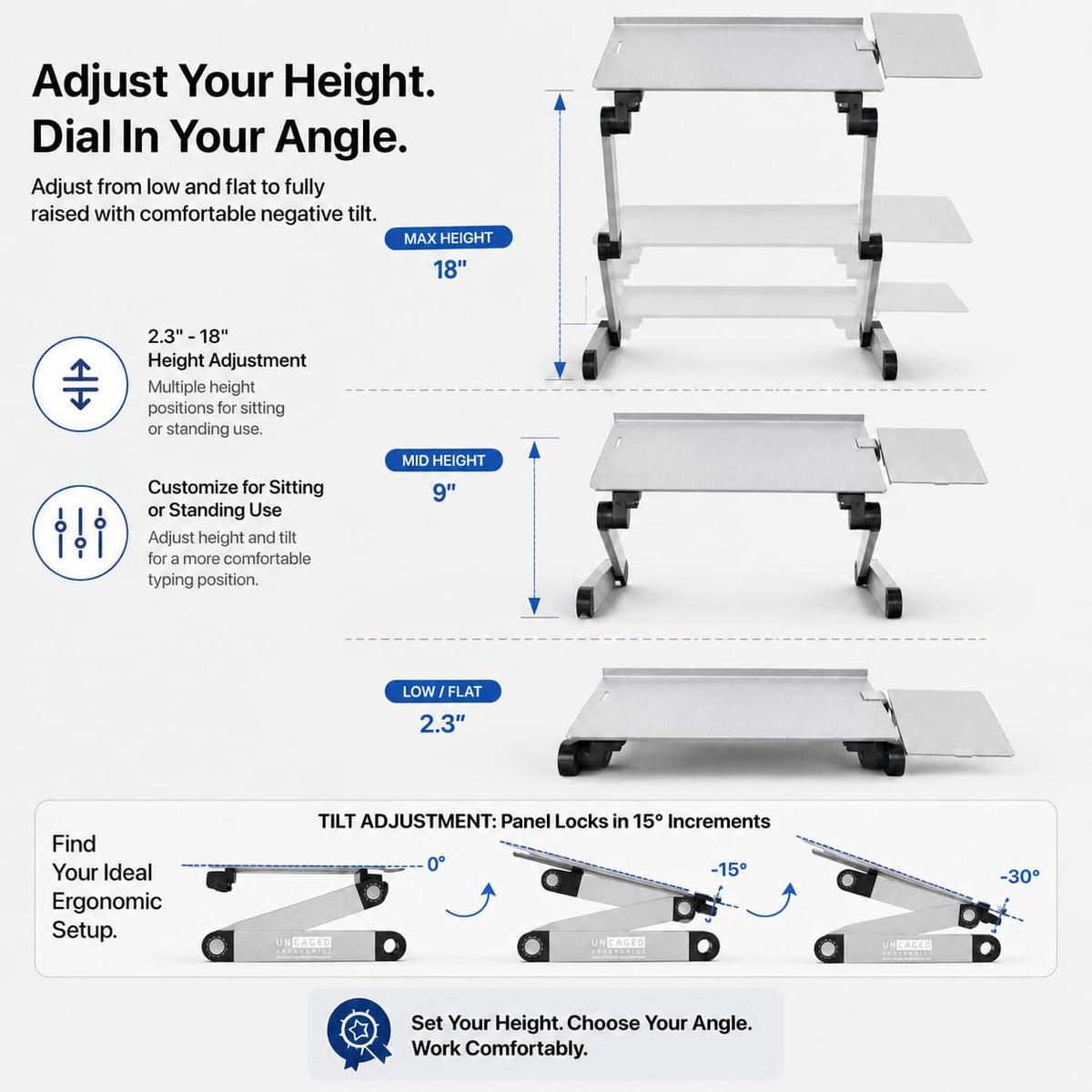 WorkEZ - Bandeja ergonómica para teclado y mouse, altura ajustable, ángulo negativo, inclinación para sentarse en el computadora, mesa de computadora, soporte para computadora de pie, elevar teclados a la altura de pie, color plateado