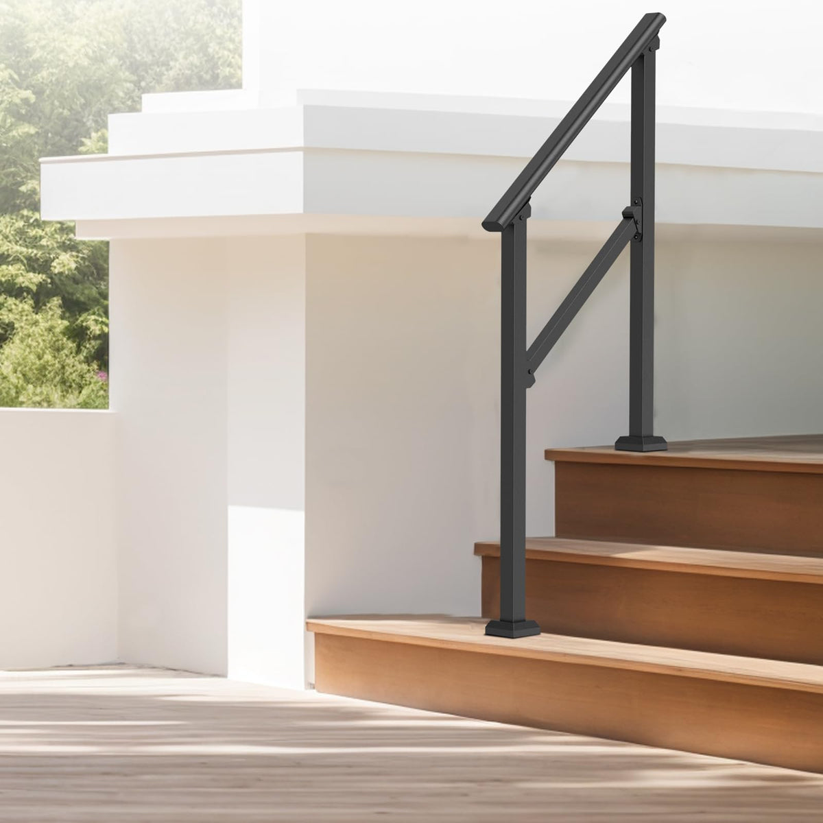VEVOR de Escalera para Pasamanos de Escalera 2-3 Escalones 2 PCS con Kit de Instalación Tubo Cuadrado de Acero al Carbono para Personas Mayores, Escalones de Concreto, Porche, Patio, Negro