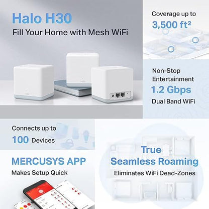 MERCUSYS Halo Mesh, Sistema WiFi Mesh para tu hogar, Doble Banda AC1200, 10/100Mbps Puertos, Cobertura de hasta 3,500 Pies Cuadrados y Más de 100 Dispositivos. Halo H30(3-Pack)