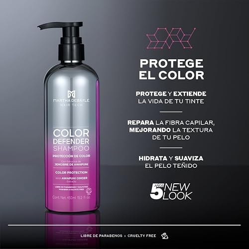 MARTHA DEBAYLE Shampoo COLOR DEFENDER. Protección extrema para el cabello teñido. Con extractos naturales de Jengibre de Awapuhi. Sin parabenos, libre de sulfatos y ftalatos. 450 ml