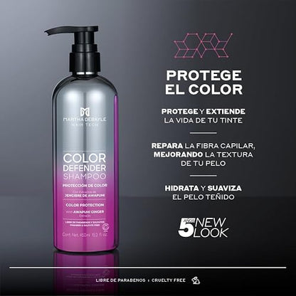 MARTHA DEBAYLE Shampoo COLOR DEFENDER. Protección extrema para el cabello teñido. Con extractos naturales de Jengibre de Awapuhi. Sin parabenos, libre de sulfatos y ftalatos. 450 ml
