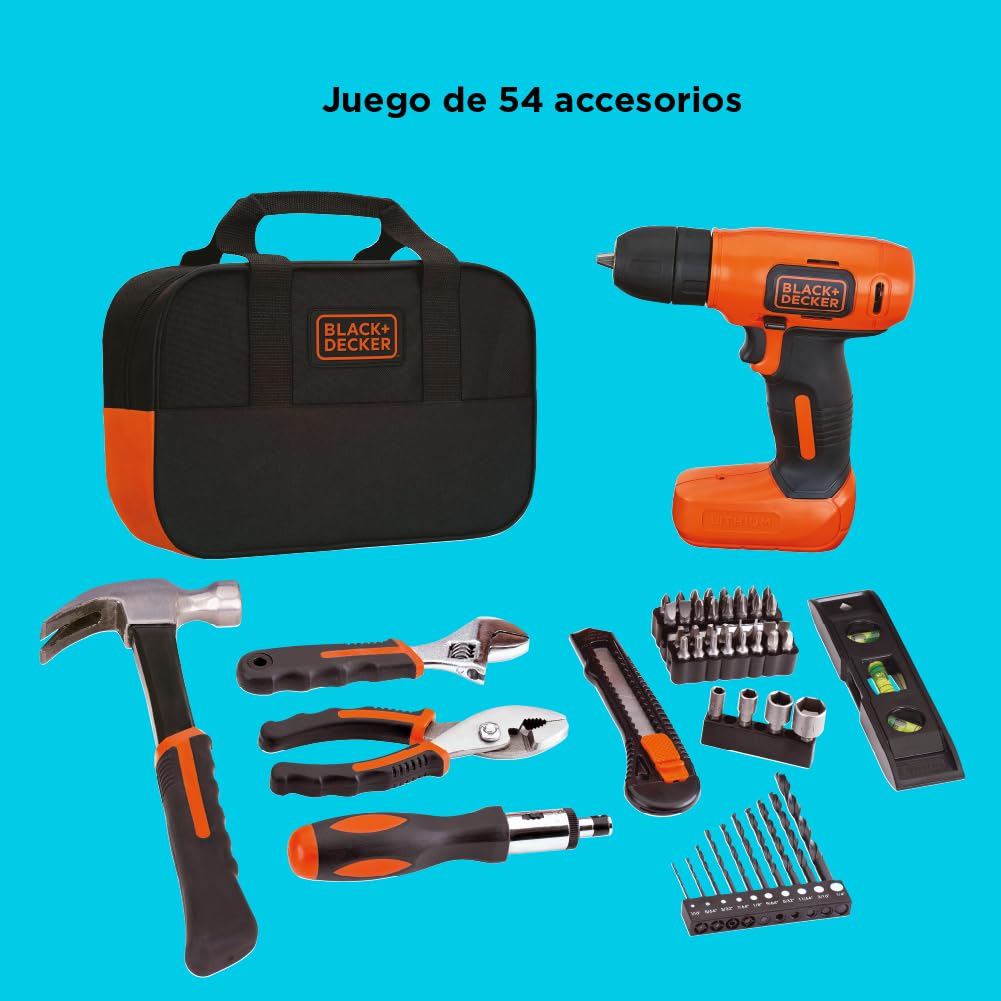 BLACK+DECKER Taladro Atornillador Inalámbrico 3/8" 8V, 54 Piezas, LD008KA | Taladro Atornillador Inalámbrico 3/8” (10mm), 8V, Incluye 54 Accesorios, Bolsa para Herramientas