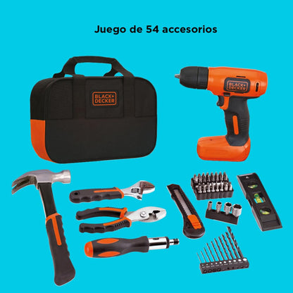 BLACK+DECKER Taladro Atornillador Inalámbrico 3/8" 8V, 54 Piezas, LD008KA | Taladro Atornillador Inalámbrico 3/8” (10mm), 8V, Incluye 54 Accesorios, Bolsa para Herramientas
