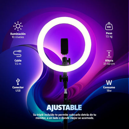 GAME FACTOR Aro de Luz Led 10” USB con Trípode LRG300 18W 3 Modos Regulable para Video y Streaming