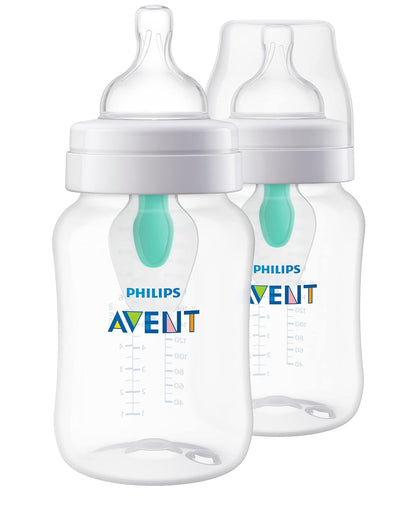 Philips Avent SCY703/02 - Biberón anticólico con ventilación sin aire, 9 onzas, con flujo 2 pezones, 1 m+, 2 unidades, transparente