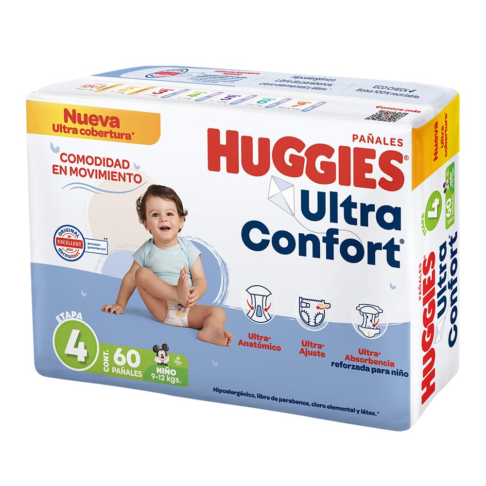 HUGGIES UltraConfort Pañal Desechable para Bebé, Etapa 4, Niño, Caja con 180 Piezas, Ideal para Bebés de 9 a 12 kg