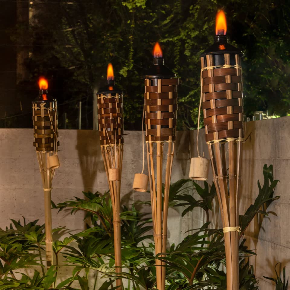 Antorcha de Bambú para jardín 1.50 m Incluye Mecha - Ideal para hoteles, restuarantes, Eventos y Ocasiones Especiales- Paquete de 4 Piezas