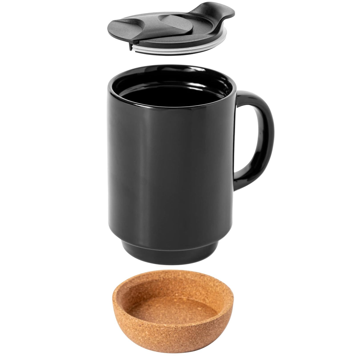 Gibson Home Modani Juego de 2 tazas de cerámica grandes de 16 onzas con parte inferior y tapa de corcho extraíble, color negro