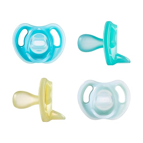 Tommee Tippee Chupón Ultra-Light, 6-18 Meses, Silicona, Paquete de 4 | Diseño Simétrico de Una Pieza, Chupón Libre de BPA, Azul/Verde/Amarillo