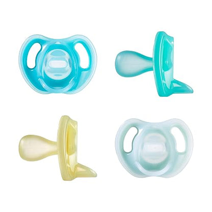 Tommee Tippee Chupón Ultra-Light, 6-18 Meses, Silicona, Paquete de 4 | Diseño Simétrico de Una Pieza, Chupón Libre de BPA, Azul/Verde/Amarillo