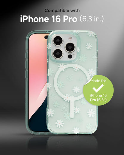 ZAGG Milan Snap - Funda para iPhone 16 Pro, diseño Floral Blanco sobre Base Verde Transparente, Compatible con MagSafe y Carga inalámbrica, protección contra caídas de 14 pies, ecológico, Reforzado