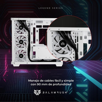 Balam Rush Gabinete Gamer Media Torre Tank Master 9600 TB/MAX MB ATX/GPU 410 mm/USB C + USB 3.0 + USB + Audio + 4xFan ARGB/Paneles de Cristal/Legend (Blanco)