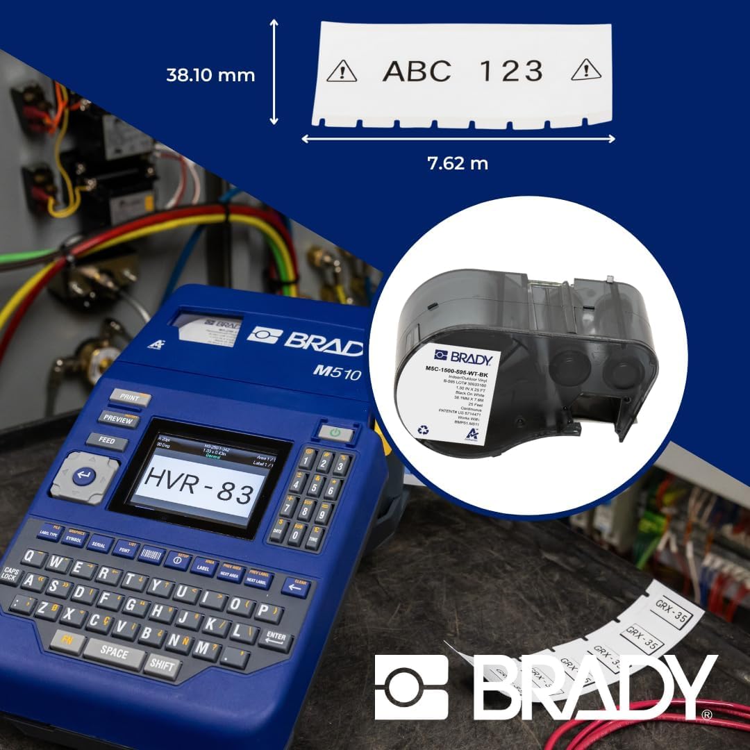 Brady Authentic (M5C-1500-595-WT-BK) Etiquetas de vinilo para todo tipo de clima, 1.5 pulgadas de ancho x 25 pies, negro sobre blanco. Para uso con impresoras de etiquetas BMP51, M510 y M511.