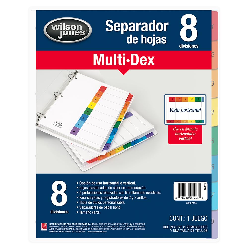 Wilson Jones Separadores Multidex de 8 Divisiones Tamaño Carta, Perforación Reforzada de 5 Orificios para Carpeta de 2 y 3 Argollas, Paquete Mayoreo de 24 Juegos. P0443