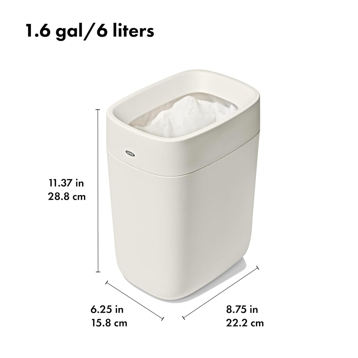 OXO Good Grips - Papelera para baño, color blanco | Cámara de basura compacta para baños, oficina, bolsas de borde ocultas, fácil de limpiar