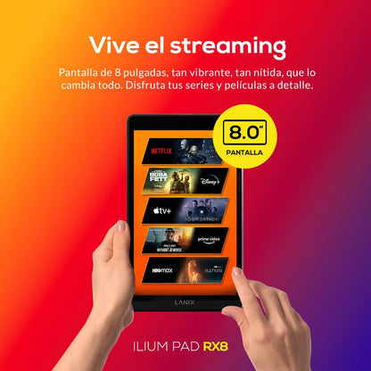 Lanix Ilium Pad RX8 V6 Tablet 8" IPS 800x1280, Rockchip RK3562 Quad Core 2GHz, 4GB RAM, 64GB, Android 14, Cámara 5MP+2MP, Batería 4000mAh, WiFi 802.11 b/g/n, Bluetooth 4.0, USB-C, Negro