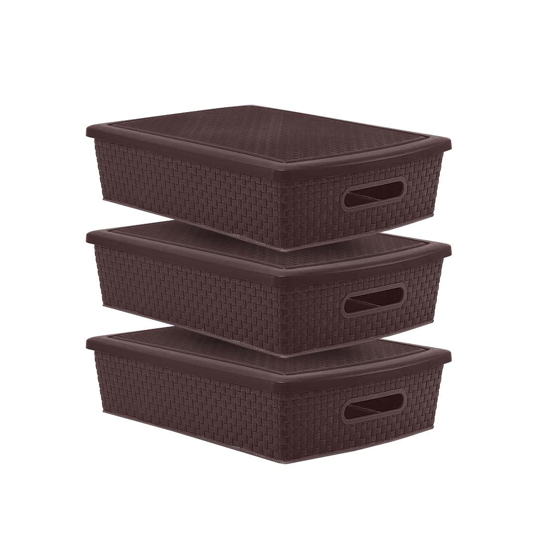 Guateplast - Set de 3 Cestas Plásticas Rectangulares de 12 Litros | Contenedores Plásticos para Organizar el Hogar | Organizadores | Cajas de Plástico | Color Chocolate