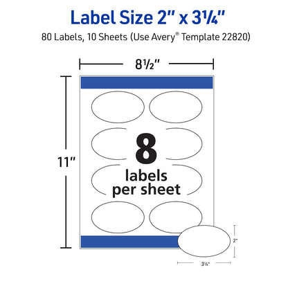 Avery Print - To - The - Edge Oval Labels, 2 x 3.3 Inches,Glossy White, 80 Labels (22820)