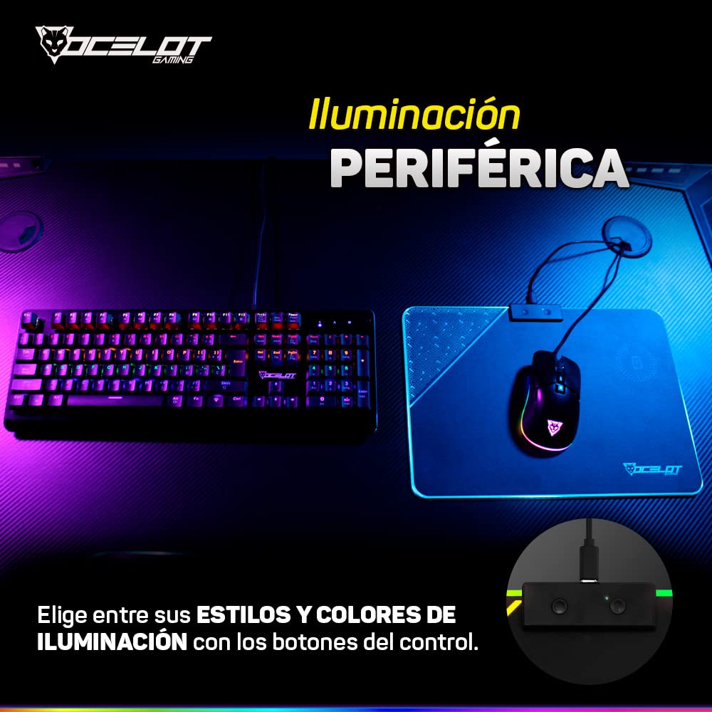 Mouse Pad Rigido Ocelot Gaming OMPR01. Iluminación RGB con Software Integrado, Conexión USB para alimentación, Sistema de Carga inalambrica para Smartphones.
