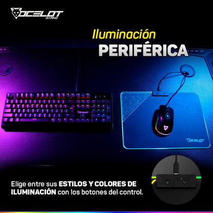 Mouse Pad Rigido Ocelot Gaming OMPR01. Iluminación RGB con Software Integrado, Conexión USB para alimentación, Sistema de Carga inalambrica para Smartphones.