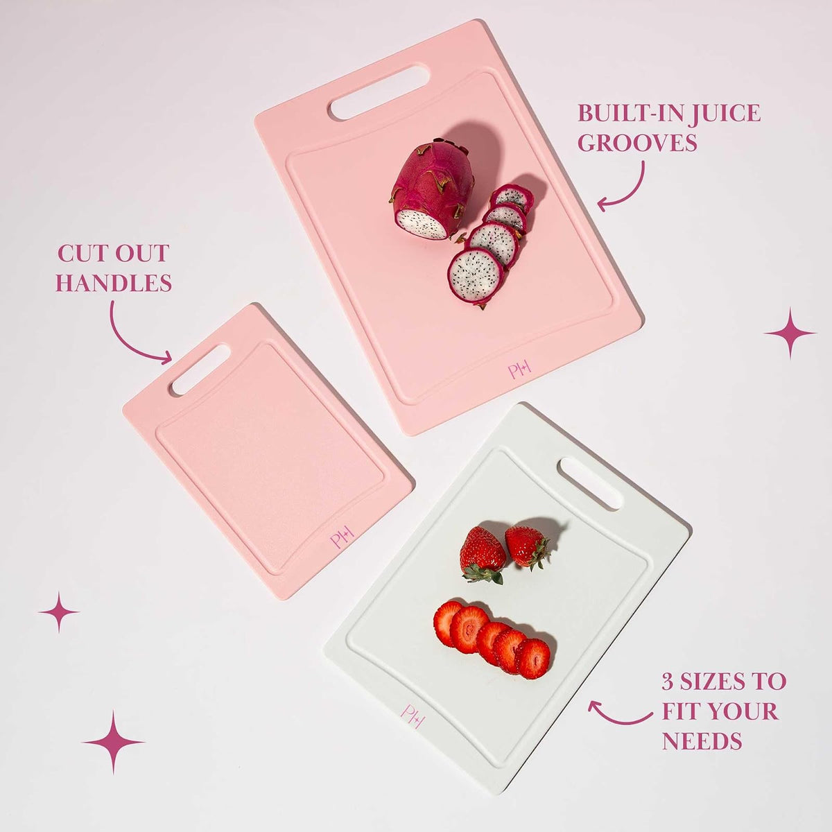 Paris Hilton - Juego de tablas de cortar de doble cara con ranuras de jugo integradas, asas de fácil agarre, plástico resistente hecho sin BPA, apto para lavaplatos, juego de 3 piezas, rosa y crema