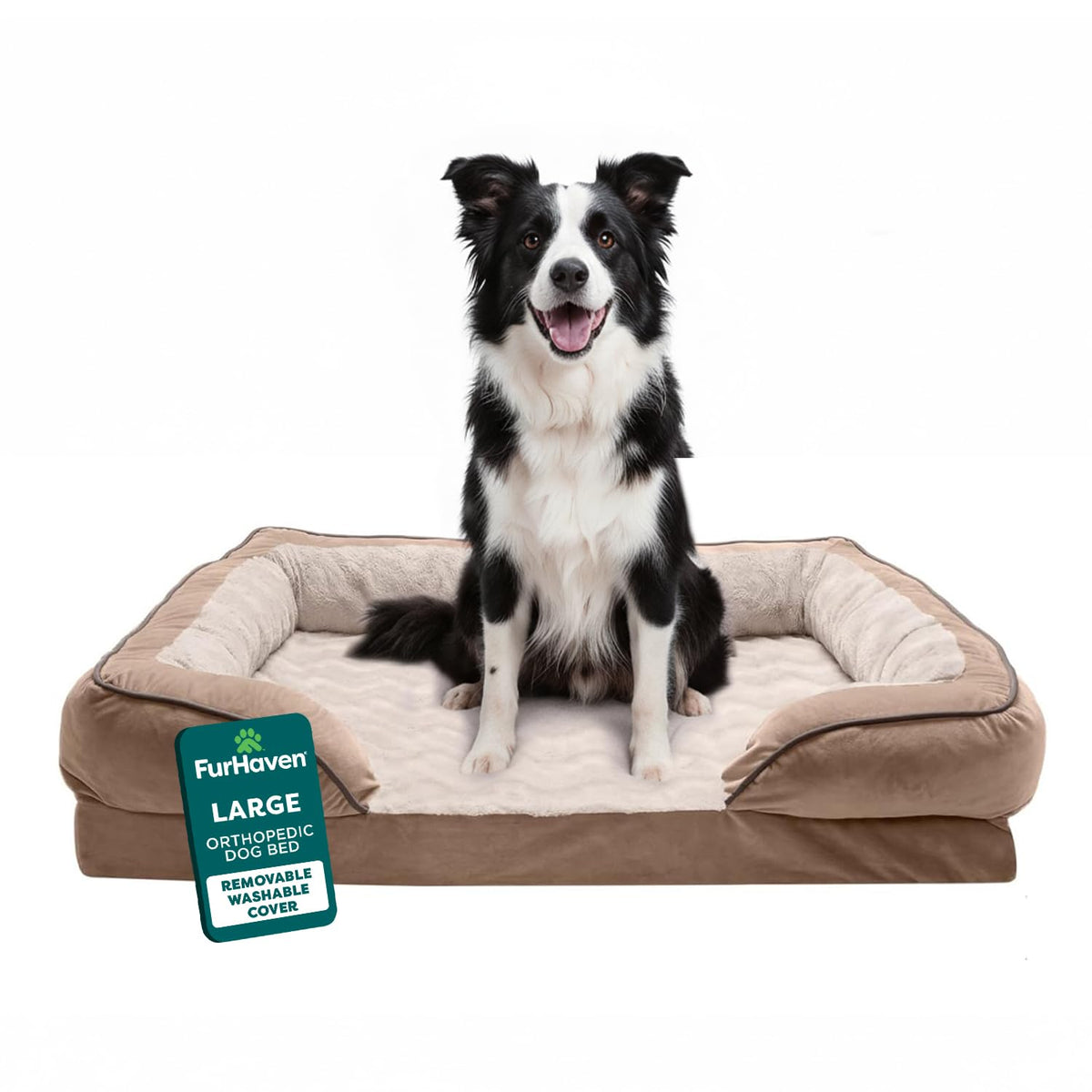 Furhaven Large Memory Foam Dog Bed Perfect Comfort Plush & Velvet Waves Sofa-Style w/Removable Washable Cover - , Large
