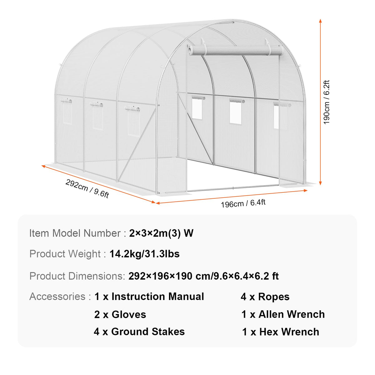 VEVOR - Invernadero, túnel de Invernadero, túnel de Invernadero de 9 x 7 x 6 pies, casa Caliente para Plantas con Marco de Acero galvanizado, Cubierta de Polietileno Blanco, Puerta Enrollable con