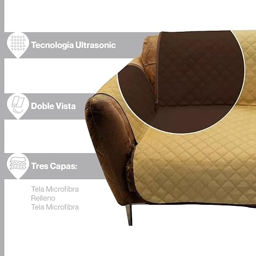 Condecora Cubre Sala, Funda Doblevista para Sillón y Sofá — Protector Forro Individual, Cubierta Reversible, Impermeable, Decorativa, Lavable, Resistente y Suave para Hogar e Interior, Café y Beige